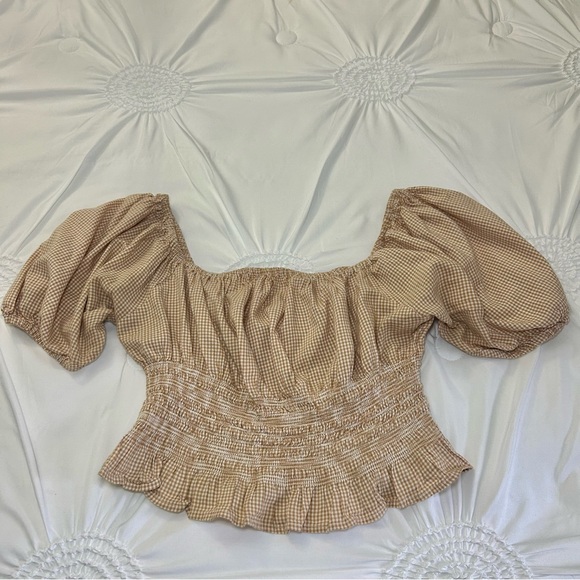Japna Tan Check Puff Sleeve Elastic Waist Praire Cottagecore Off Shoulder Top L - Picture 8 of 14